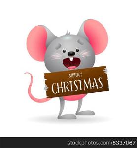 Cute funny mouse wishing Merry Christmas. Wooden banned, wish, message. Christmas concept. Realistic vector illustration can be used for greeting cards, festive banner and poster design