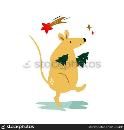 Cute funny mouse with Christmas trees. Chinese New Year concept. Vector holiday illustration. Cute funny mouse for Chinese New Year