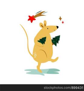 Cute funny mouse with Christmas trees. Chinese New Year concept. Vector holiday illustration. Cute funny mouse for Chinese New Year