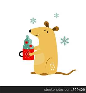 Cute funny mouse with cup of cacao for Chinese New Year. Vector holiday illustration. Cute funny mouse for Chinese New Year