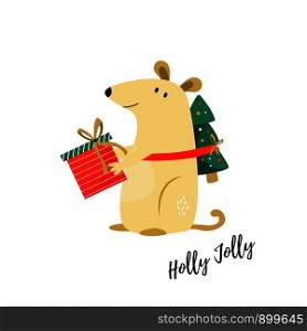 Cute funny mouse with gift box for Chinese New Year. Vector Christmas holiday illustration. Cute funny mouse for Chinese New Year