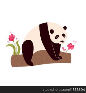 Cute funny panda sitting on a tree. Vector illustration of adorable animal.. Cute funny panda sitting on a tree. Vector illustration of adorable animal