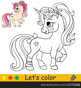 Cute funny pink unicorn. Coloring book page with color template. Vector cartoon illustration. For kids coloring, card, print, design, decor and puzzle.