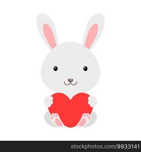 Cute funny rabbit with heart on white background. Cartoon animal character for congratulation with St. Valentine day, greeting card, invitation, wall decor, sticker. Colorful vector illustration.
