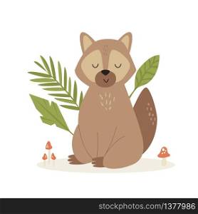Cute funny raccoon sitting on a lane. Animal character design. Cute funny raccoon sitting on a forest lane