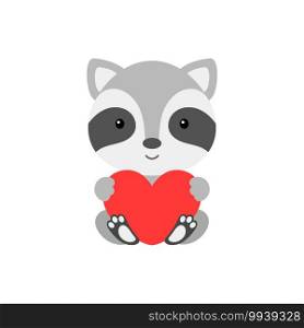 Cute funny raccoon with heart on white background. Cartoon animal character for congratulation with St. Valentine day, greeting card, invitation, wall decor, sticker. Colorful vector illustration.