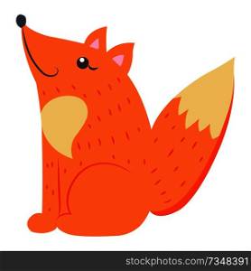 Cute funny red, bushy-tailed fox vector flat cartoon sticker isolated on white. Wild predatory animal illustration for game counters. Cute Fox Cartoon Flat Vector Sticker or Icon