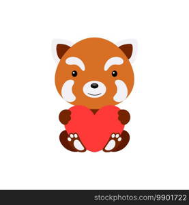 Cute funny red panda with heart on white background. Cartoon animal character for congratulation with St. Valentine day, greeting card, invitation, wall decor, sticker. Colorful vector illustration.