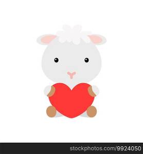 Cute funny sheep with heart on white background. Cartoon animal character for congratulation with St. Valentine day, greeting card, invitation, wall decor, sticker. Colorful vector stock illustration.