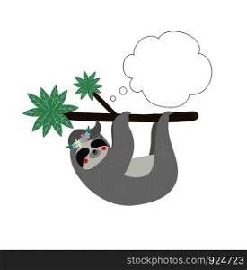 Cute funny sloth in flower wreath sleep hanging on tree branch isolated on white background, speech bubble for text, Tshirt design print, Cartoon flat illustration scandinavian hand drawn style. Cute sloth in flower wreath sleep hanging on tree