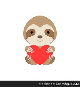 Cute funny sloth with heart on white background. Cartoon animal character for congratulation with St. Valentine day, greeting card, invitation, wall decor, sticker. Colorful vector stock illustration.