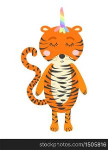 cute funny tiger with a unicorn horn. Scandinavian style flat design. Concept for children print.