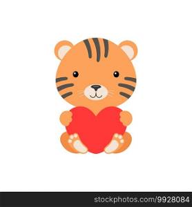 Cute funny tiger with heart on white background. Cartoon animal character for congratulation with St. Valentine day, greeting card, invitation, wall decor, sticker. Colorful vector stock illustration.