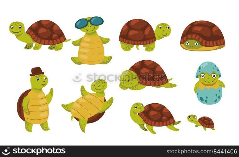 Cute funny turtle set. Adorable cartoon character walking, hatching, hiding, relaxing, sleeping. Flat vector illustration for animals or wildlife concept, books for children design