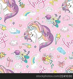 Cute funny unicorn heads and magic elements seamless pattern on pink background. Vector illustration for print, wallpaper, design, decor, goods, bed linen and apparel. Seamless pattern cute funny unicorns heads vector background