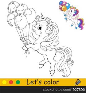 Cute funny unicorn with a long mane and wings holds the balloons. Coloring book page with colorful template for kids. Vector illustration. For coloring, print, game, education, party, design, decor. Cartoon cute unicorn with wings holds the balloons coloring