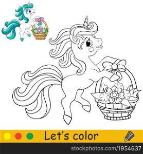 Cute funny unicorn with a long mane holds basket with flowers. Coloring book page with colorful template for kids. Vector illustration. For coloring, print, game, education, party, design, decor. Cartoon cute unicorn holds basket with flowers coloring