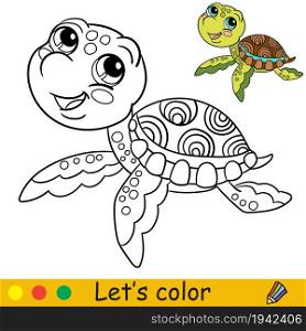Cute funny water turtle. Coloring book page with colorful template for kids. Vector cartoon illustration. Freehand sketch drawing. For coloring, print, game, education, party, design, decor. Cartoon cute and funny water turtle coloring