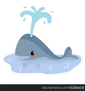 Cute funny whale with water fountain in sea or ocean. Marine animal. Children drawing in Scandinavian style. Funny blue sperm whale. Cute funny whale with water fountain