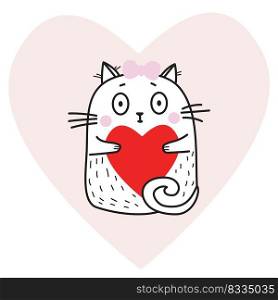 Cute funny white cat girl with a red heart in her paws on the background of a pink heart. Vector illustration. Cute animal For design, decoration, Valentines Day cards