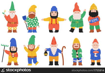 Cute garden gnomes. Dwarf characters with lantern, flowers and mushroom, fairy tale mascots. Funny garden bearded dwarfs vector illustration set. Magical creature with shovel, stick. Cute garden gnomes. Dwarf characters with lantern, flowers and mushroom, fairy tale mascots. Funny garden bearded dwarfs vector illustration set