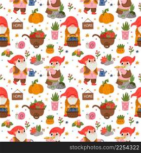 Cute garden gnomes seamless pattern. Funny little bearded men. Flowers, plants, snails and vegetables, carts with berries, vector background. Decor textile, wrapping paper wallpaper, print or fabric. Cute garden gnomes seamless pattern. Funny little bearded men. Flowers, plants, snails and vegetables, carts with berries, vector background. Decor textile, wallpaper, print or fabric