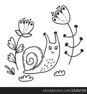 Cute garden snail with decorative flowers and grass. Linear hand drawn doodle. Funny mollusk cochlea. Vector illustration