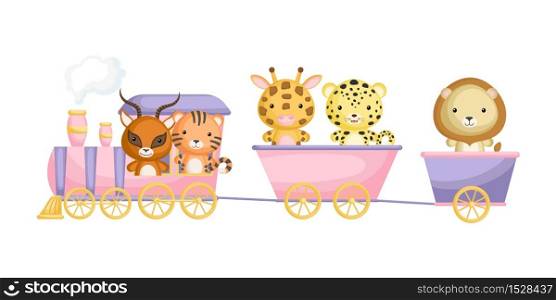 Cute gazelle, tiger, giraffe, jaguar and lion ride on train. Graphic element for childrens book, album, postcard or mobile game. Zoo theme. Flat vector illustration isolated on white background.