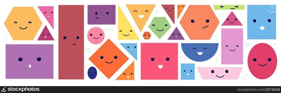 Cute geometric faces. Isolated polygon face with eyes and emotions. Circle shape characters. Funny cartoon abstract kids utter vector elements. Educational circle shape and other forms. Cute geometric faces. Isolated polygon face with eyes and emotions. Circle shape characters. Funny cartoon abstract kids utter vector elements