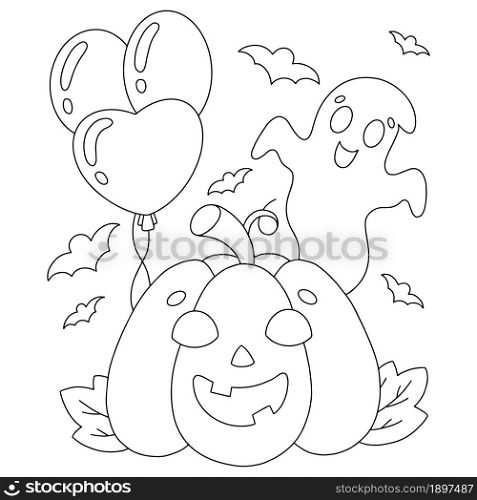Cute ghost and pumpkin with balloons. Coloring book page for kids. Cartoon style character. Vector illustration isolated on white background. Halloween theme.