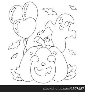 Cute ghost and pumpkin with balloons. Coloring book page for kids. Cartoon style character. Vector illustration isolated on white background. Halloween theme.