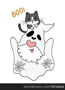 Cute Ghost Halloween Gnome with happy playful black kitten cat, Boo, Cartoon hand drawn doodle outline