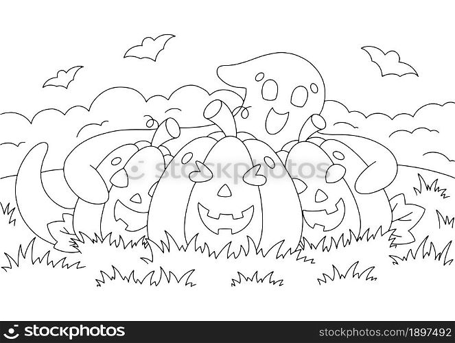 Cute ghost hugs pumpkins. Coloring book page for kids. Cartoon style character. Vector illustration isolated on white background. Halloween theme.