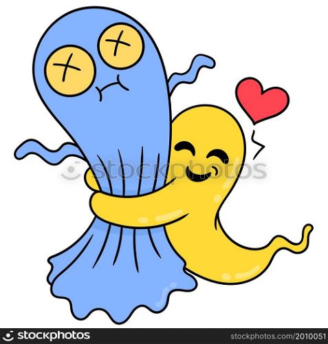 cute ghost with happy faces hug each other when they miss
