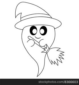Cute Ghost with watch hat and broom. Draw illustration in black and white