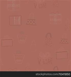 Cute gift and presents color seamless pattern on beige background. Web, wrapping paper, background fill.. Texture with silhouette bags, boxes, presents seamless pattern