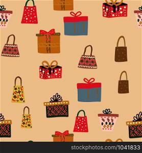 Cute gift and presents color seamless pattern. Texture with bags, boxes, presents, ribbons, gifts, presents. Web, wrapping paper, background fill.. Gift, presents, boxes seamless pattern on beige background