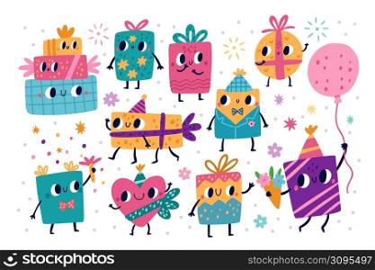 Cute gift boxes. Holiday presents characters, funny birthday paper wrappers, bow and ribbon, pretty cartoon packages with faces, legs and hands. Party decoration hand drawn objects vector isolated set. Cute gift boxes. Holiday presents characters, funny birthday paper wrappers, bow and ribbon, pretty cartoon packages with faces, legs and hands. Party decoration objects vector isolated set