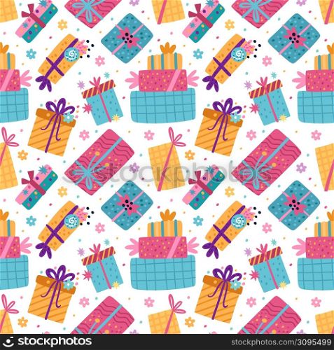 Cute gift boxes seamless pattern. Funny birthday presents, beautiful wrapping paper packaging with ribbons and bows, white background. Decor textile, wrapping paper wallpaper, vector print or fabric. Cute gift boxes seamless pattern. Funny birthday presents, beautiful wrapping paper packaging with ribbons and bows, white background. Decor textile, wrapping paper wallpaper, vector print