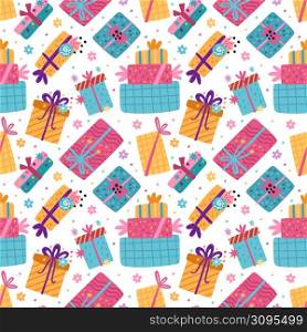 Cute gift boxes seamless pattern. Funny birthday presents, beautiful wrapping paper packaging with ribbons and bows, white background. Decor textile, wrapping paper wallpaper, vector print or fabric. Cute gift boxes seamless pattern. Funny birthday presents, beautiful wrapping paper packaging with ribbons and bows, white background. Decor textile, wrapping paper wallpaper, vector print