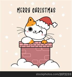 Cute ginger and white kitten cat wears Santa hat in chimney home with snow fall in background, cute cartoon doodle hand drawn flat vector