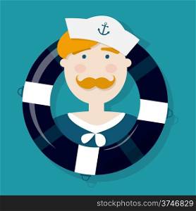Cute ginger sailor cartoon character in a lifebuoy