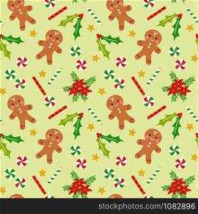Cute gingerbread and Christmas berry seamless pattern.