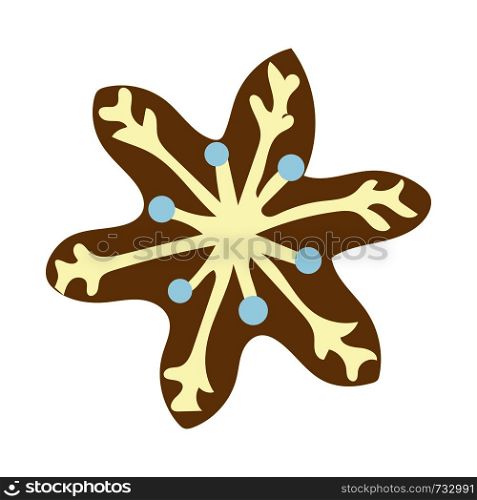 Cute Gingerbread biscuit star with white decor illustration. White background. Hand drawn clipart. Flat style illustration. Greeting card, poster, design element. . Gingerbread biscuit star with white decor