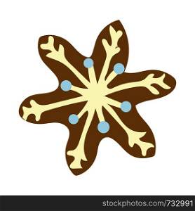 Cute Gingerbread biscuit star with white decor illustration. White background. Hand drawn clipart. Flat style illustration. Greeting card, poster, design element. . Gingerbread biscuit star with white decor
