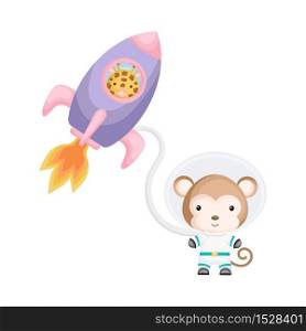 Cute giraffe and monkey astronauts flying in rocket and open space. Graphic element for childrens book, album, postcard, invitation. Flat vector stock illustration isolated on white background.