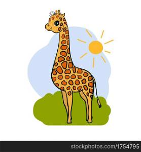 Cute giraffe character on jungle background.