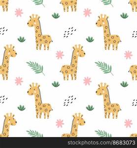 Cute giraffe . Green tropical branch. Seamless pattern for sewing children&rsquo;s clothing. African background in nursery. Jungles. Printing on fabric and packaging.