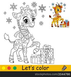 Cute giraffe in a Christmas hat with presents. Cartoon giraffe character. Vector isolated illustration. Coloring book with colored exemple. For card, poster, design, stickers, decor,kids apparel. Coloring cute happy Christmas giraffe vector illustration