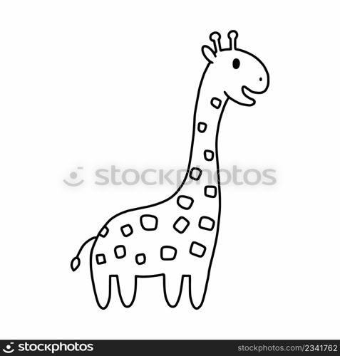 Cute giraffe in doodle style. Coloring book with an African animal.